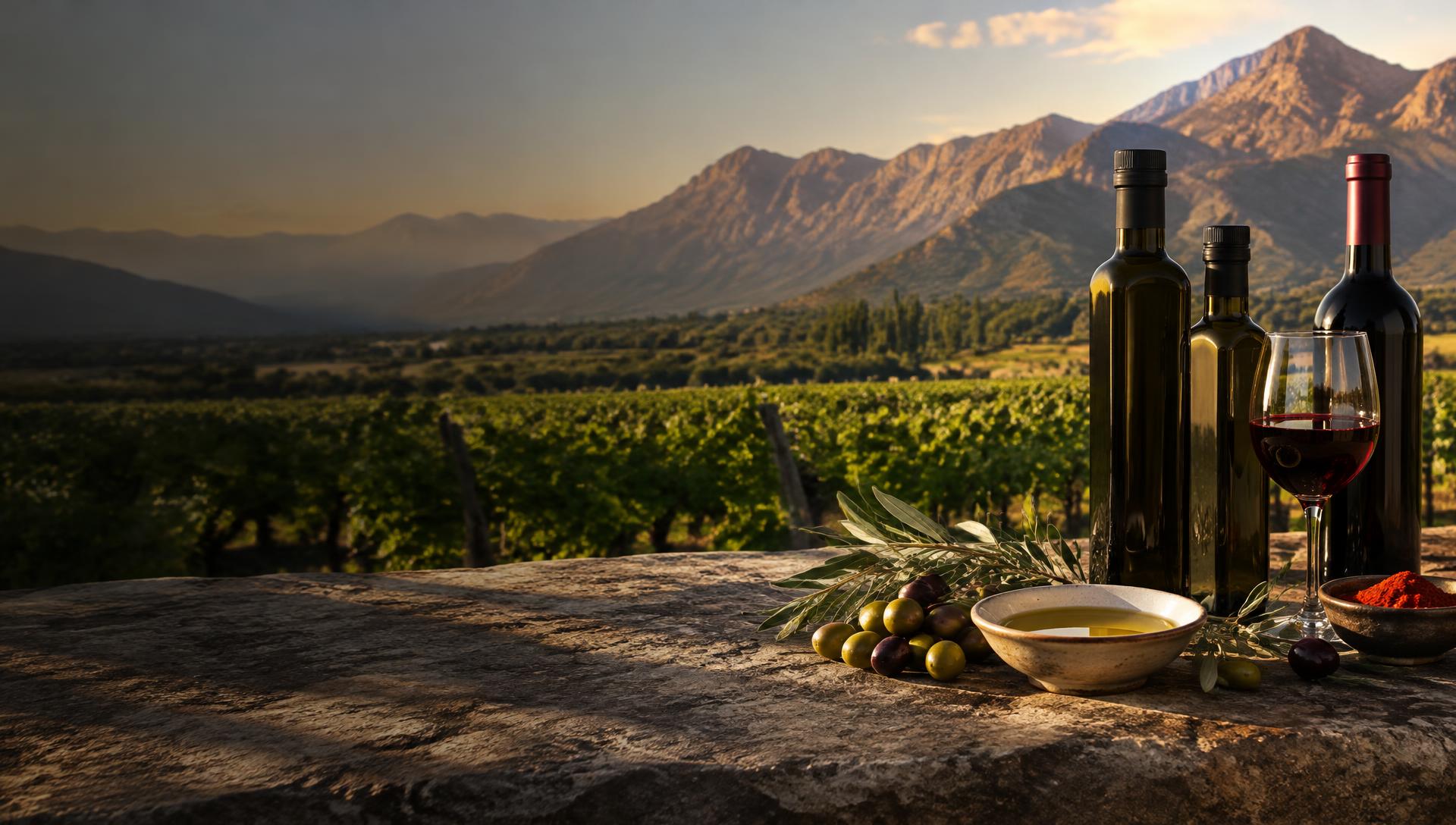 Aceites de oliva, vino y especias argentinos frente a viñedos de montaña